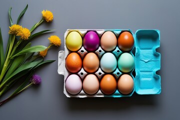Obraz premium Colorful Carton of Vibrant Organic Eggs on Gray Background