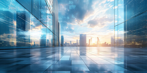 Fototapeta premium Minimalist urban platform for car display and product ads. Spacious, clean background ideal for showcasing vehicles with a modern, cityscape feel. Perfect for automotive marketing.