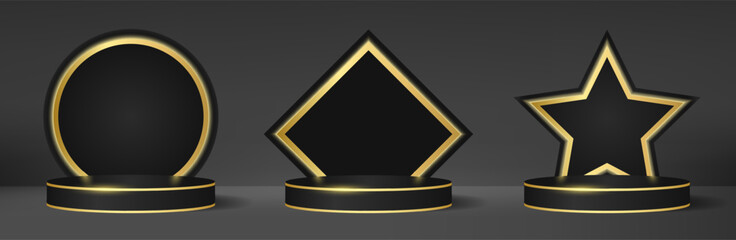 Luxury pedestal podium collection for product presentation with backdrop gold lines and golden edging trim on grey background