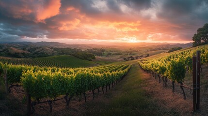 Fototapeta premium A scenic vineyard at sunset, showcasing rows of grapevines under a colorful sky.