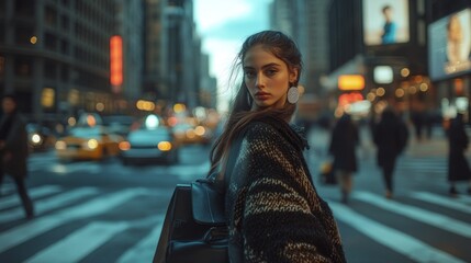 Obraz premium A young woman stands in a busy city street, exuding confidence amidst urban hustle.