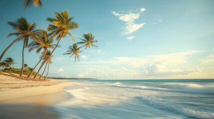 Fototapeta premium Serene beach scene with palm trees and gentle waves under a clear sky.
