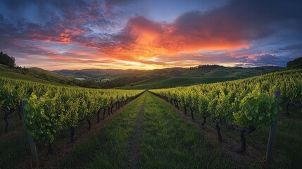Fototapeta premium A picturesque vineyard at sunset, showcasing rows of grapevines under a colorful sky.