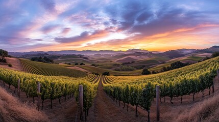 Fototapeta premium A panoramic view of a vineyard at sunset, showcasing rows of grapevines and rolling hills.
