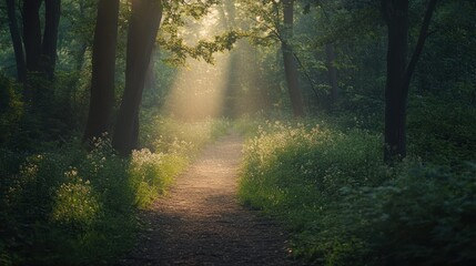 Fototapeta premium A serene forest path illuminated by soft sunlight through trees, inviting exploration.