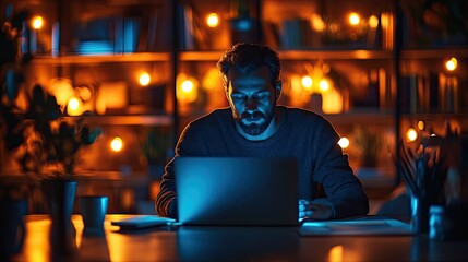 Fototapeta premium A person working late at night on their laptop in a dimly lit office, fueled by coffee and determination.