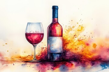 Fototapeta premium abstract watercolor illustration of red wine bottle and glass in motion vibrant rainbow colors swirling and blending in fluid dynamic composition