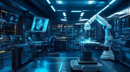 Futuristic medical lab using robotic arms for precision surgery and AI-powered diagnostics