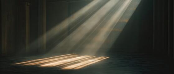 light beams cutting through shadows reflections create captivating patterns evoke mystery haunting ambiance surreal shapes cinematic lighting moody environment enigmatic feel