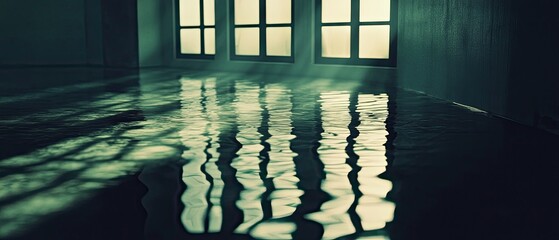 shadows light reflections create dramatic patterns surreal atmosphere mysterious ambiance haunting visuals cinematic lighting enigmatic space evocative shapes intriguing depth