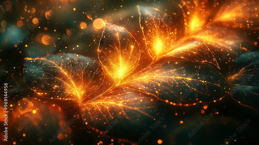 Canvas Prints semiabstract image of photosynthesis with glowing plants and swirling light particles symbolizing en