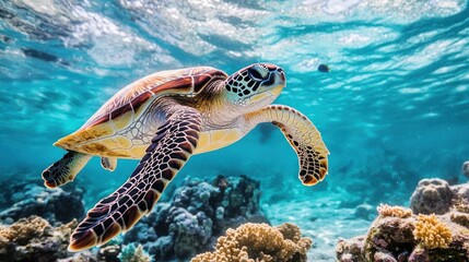 Fototapeta premium A sea turtle gracefully swims through a vibrant coral reef underwater.