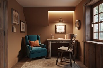 Fototapeta premium 3D Visualization of Cozy Study Nook Featuring Rustic Desk and Comfortable Armchair in Warm Ambient Lighting