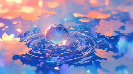 Water droplet in anime art style shimmering on a vibrant background with intricate reflections and light effects