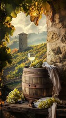 white wine glass and a wooden barrel with a vineyard background