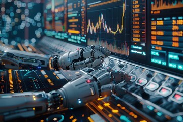 A robot is controlling a computer monitor with a lot of numbers and graphs