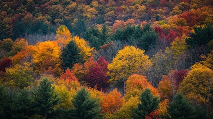 Vibrant autumn foliage showcasing a diverse forest landscape in rich colors.