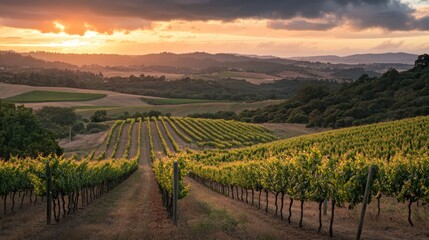 Fototapeta premium Scenic vineyard landscape at sunset with rows of grapevines and rolling hills.