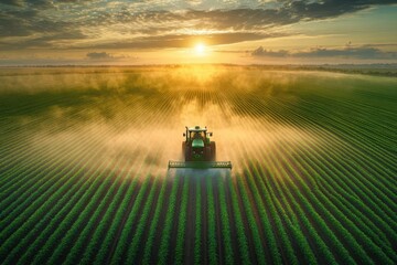 aerial view of tractor spraying pesticides on vast soybean field precise rows creating mesmerizing patterns misty spray catching morning sunlight emphasizing scale of modern agriculture