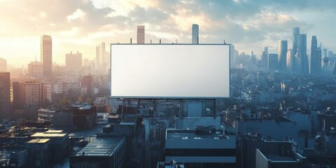 Obraz premium Blank billboard above city skyline with buildings.