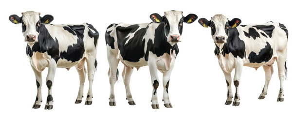 Set of White and black cow standing, isolated on transparent background, detailed farm animal illustration