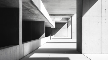 A minimalist architectural space with concrete walls and sharp shadows.