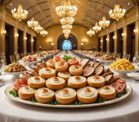 Fototapeta premium A grand banquet table set with assorted gourmet dishes, including elegantly arranged appetizers and main courses. The luxurious hall, adorned with chandeliers, enhances the opulent dining experience