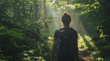 A Person Walking Through a Lush Green Forest Pathway Surrounded by Bright Sunlight