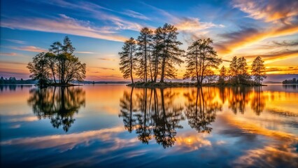 Obraz premium Majestic sunset over tranquil lake reflecting trees and colorful sky in serene landscape