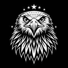 Bold black and white eagle head graphic with star accents in a striking design