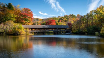 Obraz premium Stunning autumn view of a covered bridge over a calm river with vibrant fall foliage and a clear blue sky.