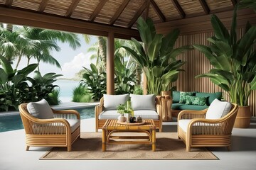 Obraz premium 3D Concept of a Paradise-Style Lounge Space with Rattan Seating, Vibrant Indoor Foliage, and a Stylish Bamboo Coffee Table in a Serene Environment