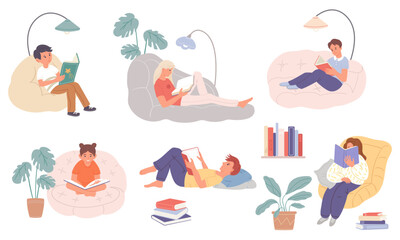 Fototapeta premium Reading children, Various children characters reading in different poses in a cozy home environment. Reading girl and boys in armchair, on sofa, a stack of books and flower. Flat vector illustration.