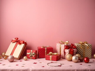 A bunch of Christmas presents lined up against a pink backdrop wall surrounded by decorations