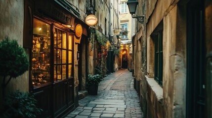 A charming narrow alleyway with a shop, illuminated by warm lights.