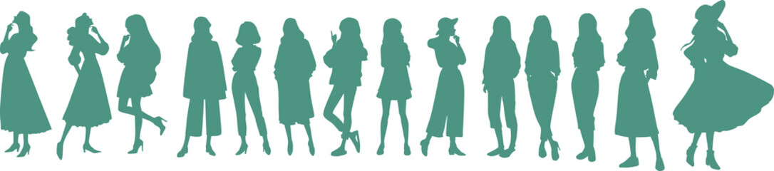 考え事をする女性のイラストシルエットセット