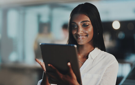 Night, tablet and research with woman in office for network, communication or administration. Auditor, processing clerk and booking report with person in finance agency for system record and feedback