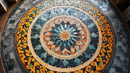 Obraz premium Intricate circular mosaic design featuring vibrant colors and geometric patterns.