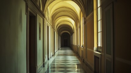 A serene hallway with arches and soft lighting, showcasing elegant architectural design.