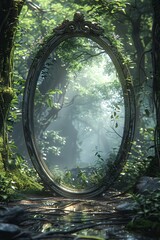 A mystical mirror in a lush forest, surrounded by greenery and soft light, inviting exploration and reflection.