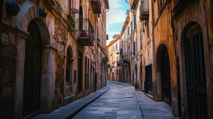 Fototapeta premium A narrow, winding street lined with old buildings under a clear blue sky.