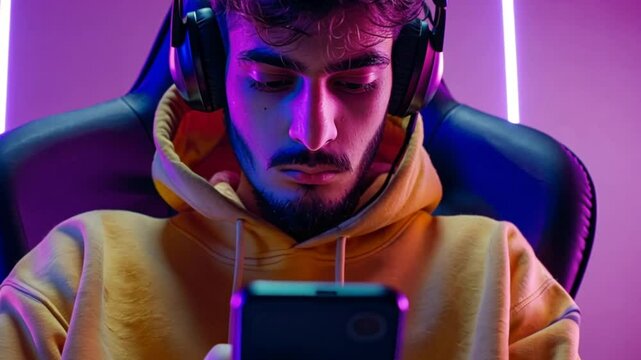 A young man wearing headphones is holding a cell phone in his hand. He appears focus on the device, possibly listening to music or talking on the phone. Texting or gaming on smartphone 4k video neon 
