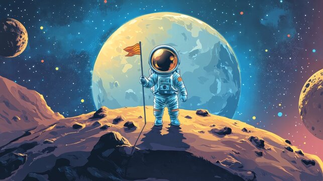 A child astronaut planting a flag on a distant planet, completing tasks typical of exploration missions.