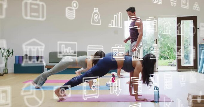 Animation of digital data processing over diverse women exercising doing plank with male instructor