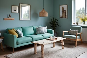 Scandinavian Style Retreat Displaying Mint Sofa Birch Coffee Table and Cozy Living Space