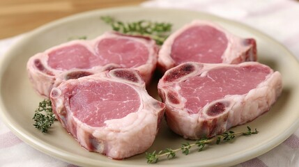 A detailed image of fresh pork chops with bone-in, arranged neatly on a plate or cutting board, showcasing their pink, tender texture.