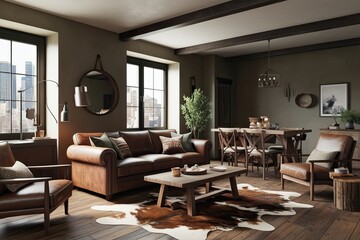 Fototapeta premium 3D Visualization of Cozy Rustic Living Room Featuring Leather Sofa Wooden Coffee Table and Animal Skin Rug