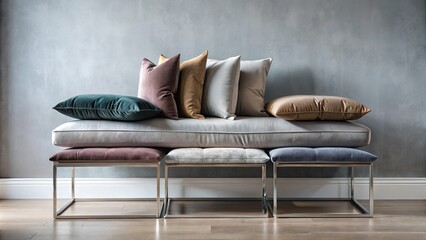 A stylish sofa is adorned with an array of colorful cushions.