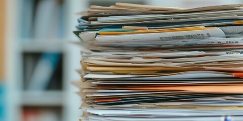 A large stack of papers and folders.