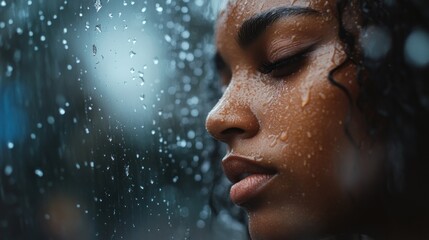A close-up of a woman’s face with rain droplets on glass, conveying emotion and introspection.